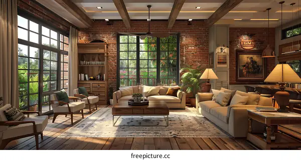 Living room with brick walls
