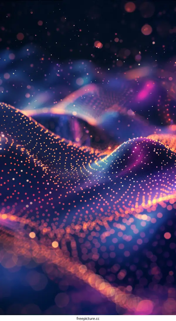 Colorful 3D Rendering of a Mountainous Landscape with Glowing Particles