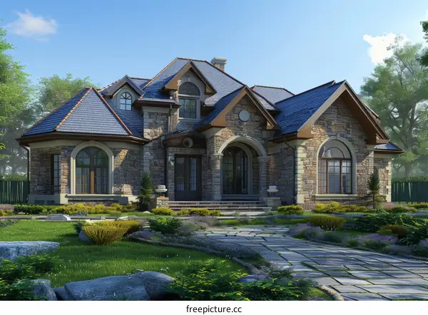 Luxury Stone House Exterior Design Illustration