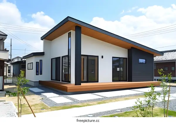 Modern Japanese House Exterior With Wooden Deck