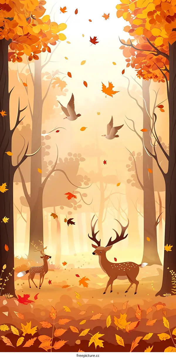 Autumn Forest Illustration with Deer and Birds