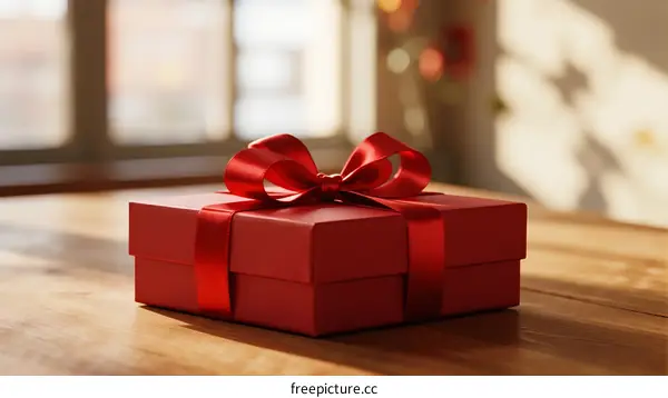 A red gift box with a big bow on wooden table