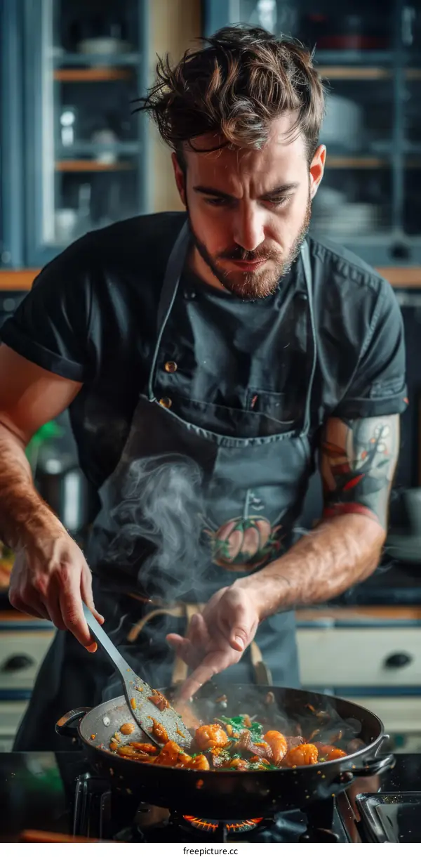 Young male chef cooking in a kitchen