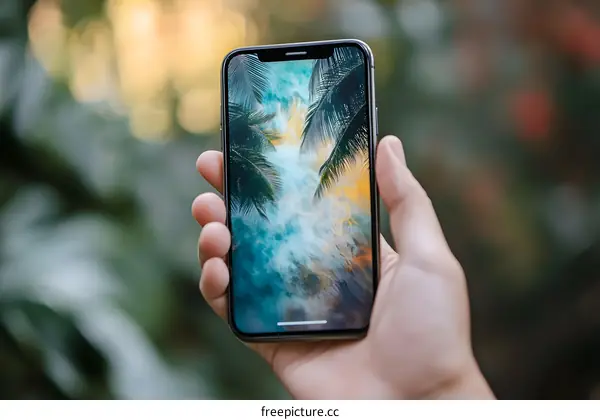 Hand Holding Smartphone with Palm Tree Wallpaper