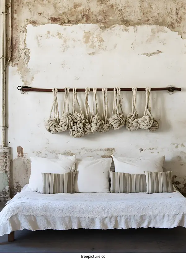 Rustic Beige Knitted Wall Hanging  With A White Couch