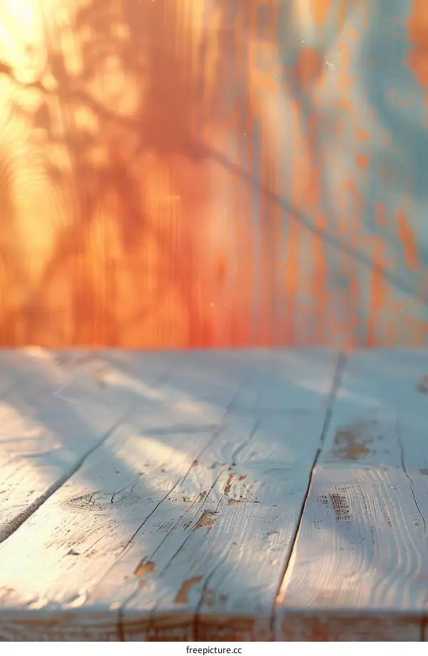 Empty Wooden Table with Blurred Orange and Blue Background