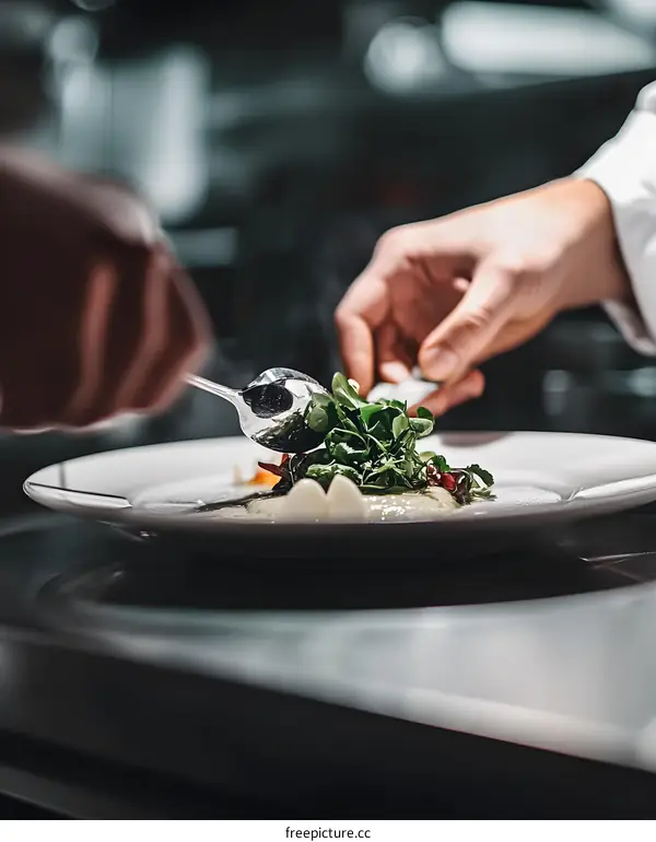 Close Up of a Chef Garnishing a Dish with Fresh Herbs in a Restaurant Kitchen