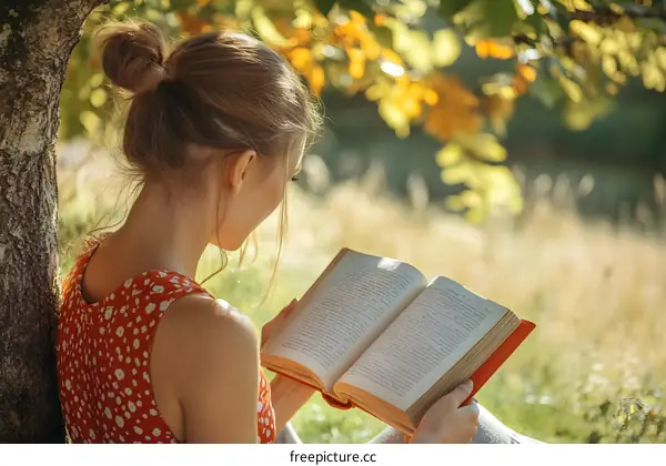 Young Woman Reading Book Under Tree