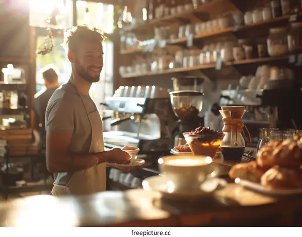 Barista holding a cup of coffee in a cafe