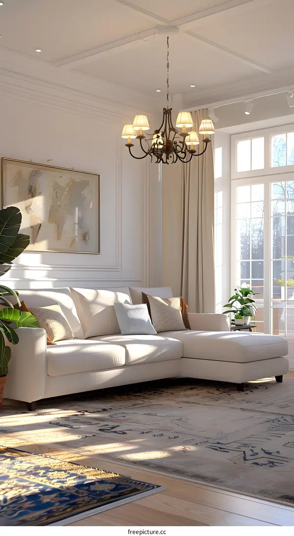Bright interior of a living room with white sofa and green plants