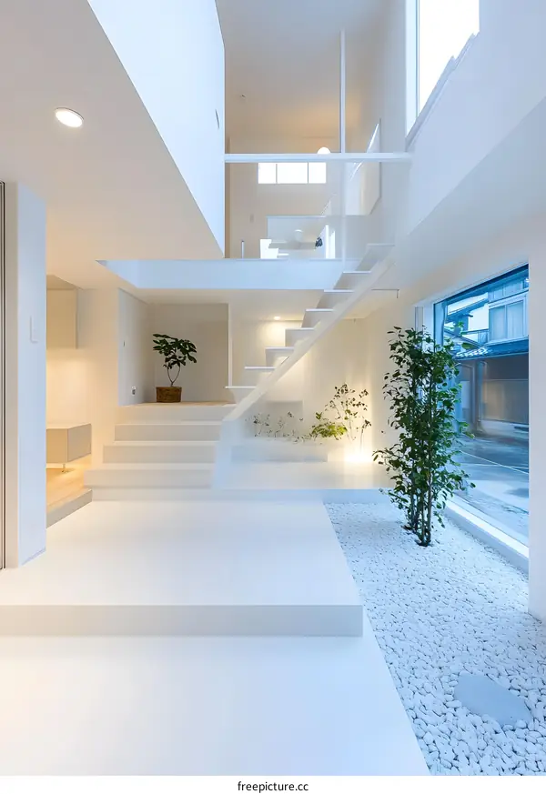 Modern White Minimalist Home Interior Design with White Stairs and Pebble Garden