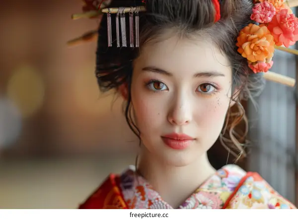 Portrait of a beautiful Japanese woman in traditional kimono