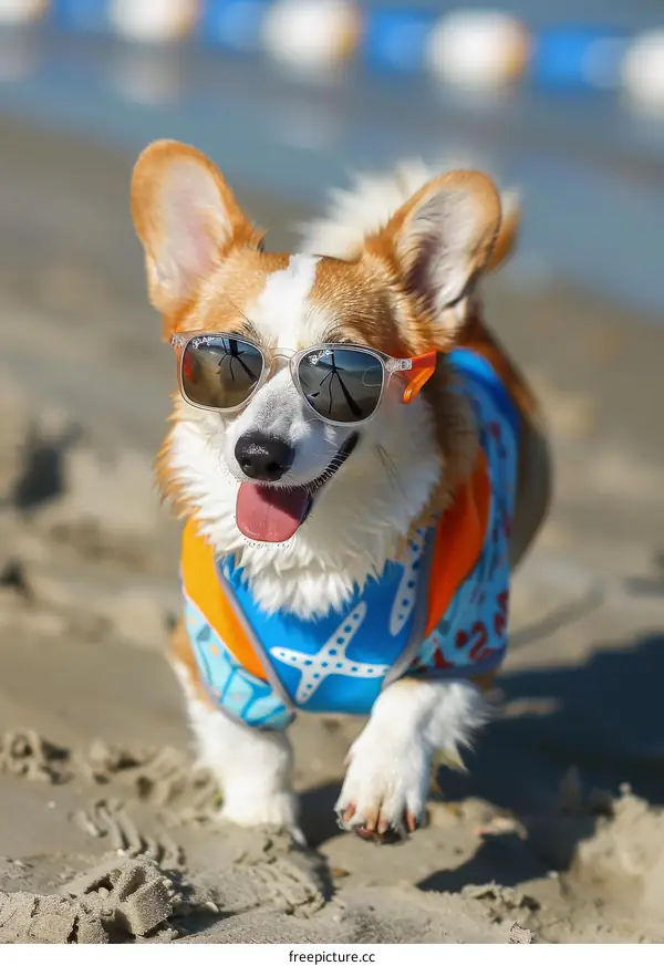 Corgi wearing sunglasses and a life jacket