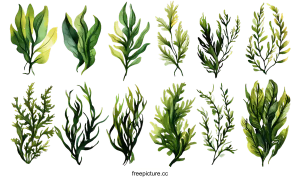 [Transparent Background PNG]Collection of Watercolor Seaweed Illustrations