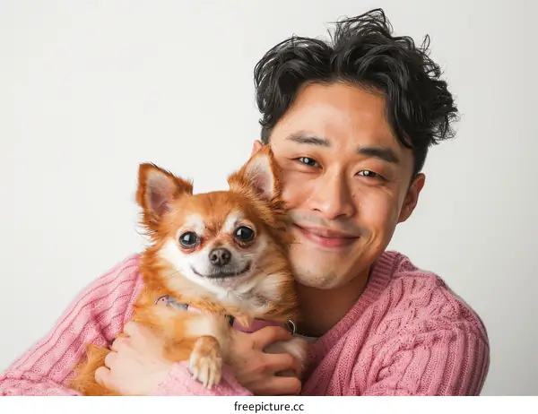 A smiling man with a small dog