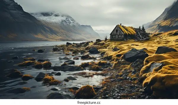 Thatched roof house near a lake in Iceland