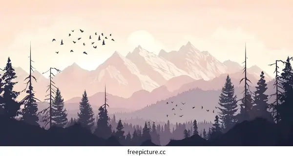 Mountain Range Silhouette with Birds in the Sky