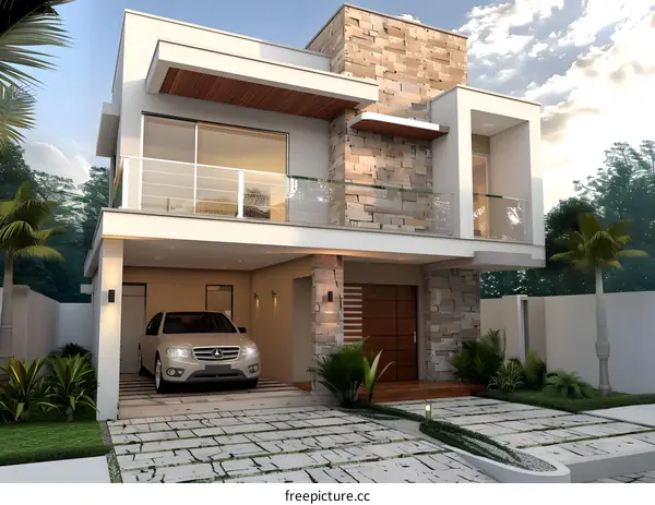 Modern Two Story House Exterior Design With Stone And Wood Accents