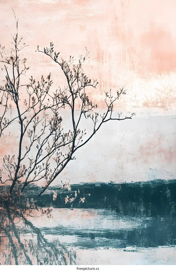 Abstract Landscape Painting with Branch Silhouette