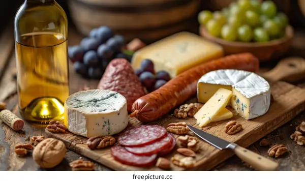 An assortment of cheese, charcuterie, and grapes with wine on a wooden table