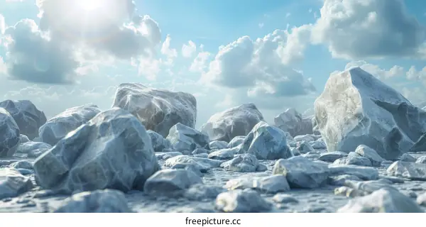 Large Ice Rocks In A Snowy Landscape With Bright Sun And Blue Sky