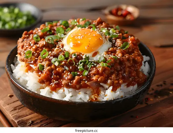 Close Up Of A Bowl Of Rice With Ground Pork And A Fried Egg