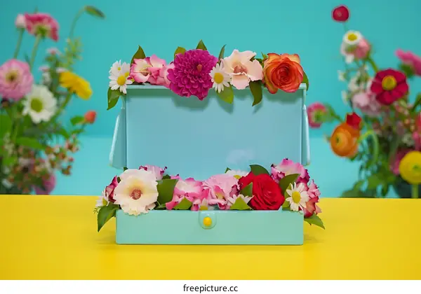 Blue Box Decorated with Pink and Red Flowers