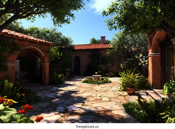 Spanish Courtyard Garden With Stone Pathway