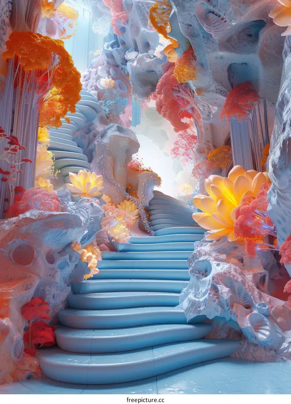 Abstract Dreamy Stairway in a Colorful Cave