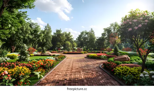 Beautiful park with a brick road in the middle and colorful flowers on both sides