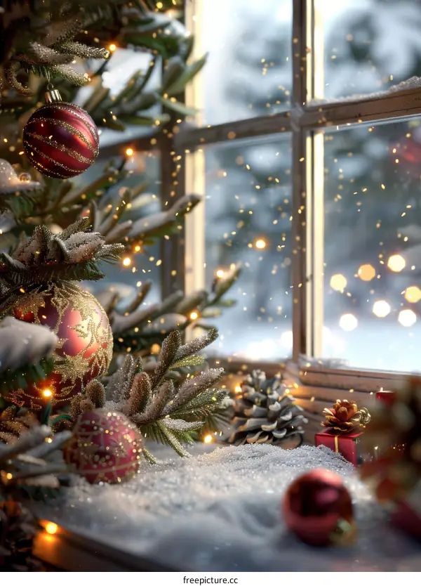 Christmas Window with Decorations and Gifts