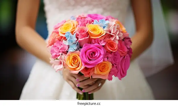 A bride holding a bouquet of colorful roses