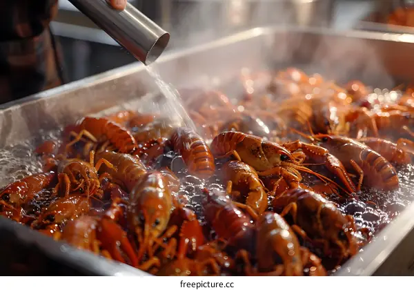 Crayfish being cooked in a large metal tray