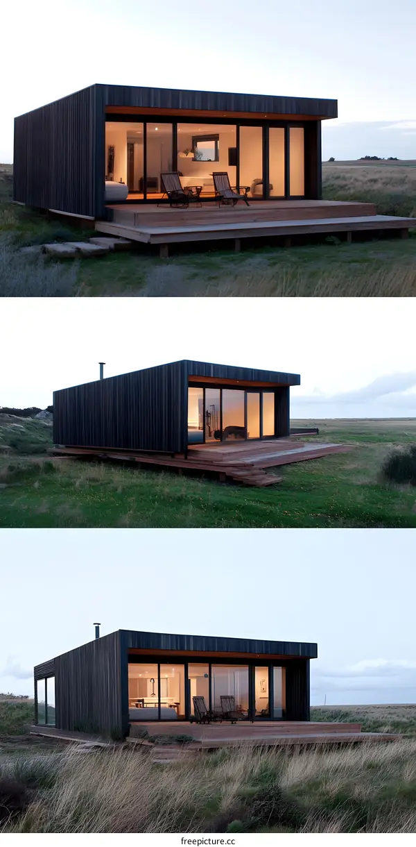 Modern Black Wooden Cabin Home With Large Windows