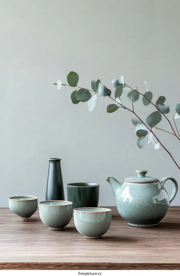 Stylish Green Teaware Set on Wooden Table