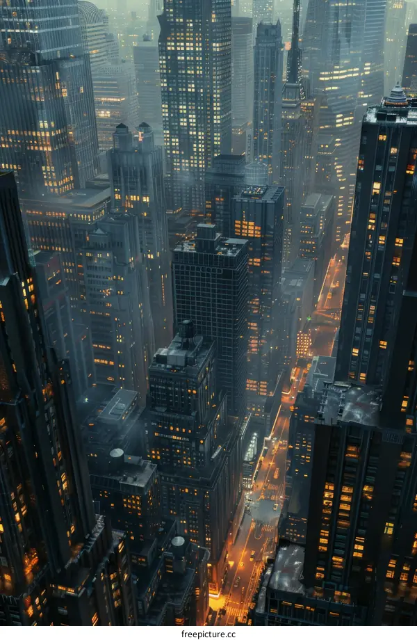 Urban Cityscape at Night: Skyscrapers, Lights and Pollution