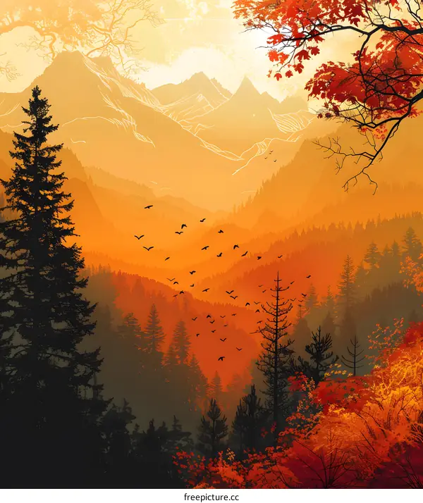 Autumn Mountain Landscape with Birds Flying