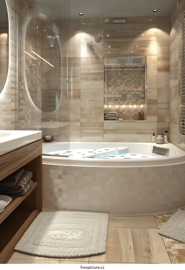 Modern Corner Bathroom with Jacuzzi and Tiles