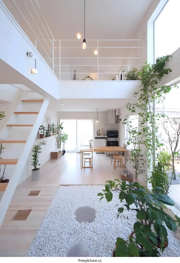 Modern Minimalist Japanese Home Interior Design With White Pebble Floor and Greenery