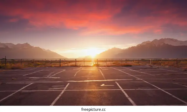 Empty Parking Lot at Sunrise over Mountains