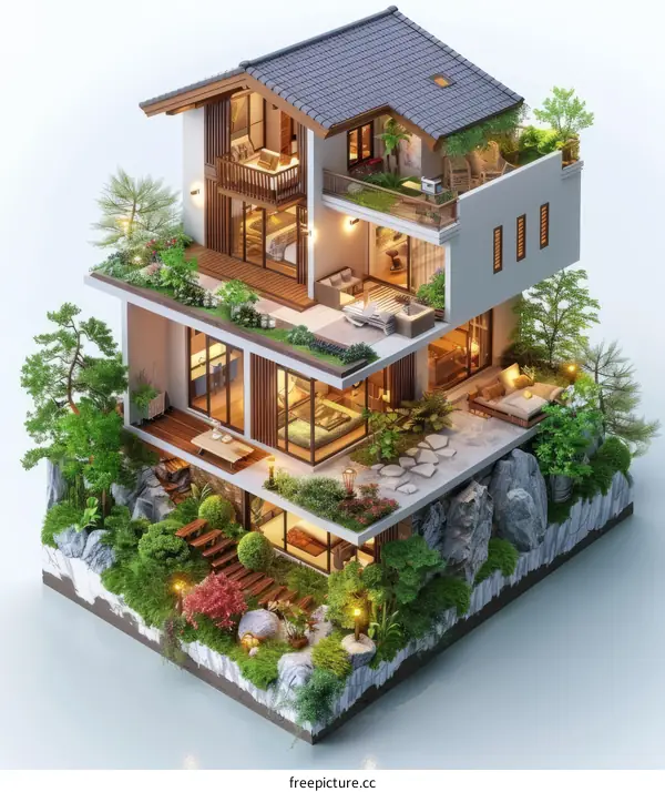 Modern Two-Story House with Garden and Terrace