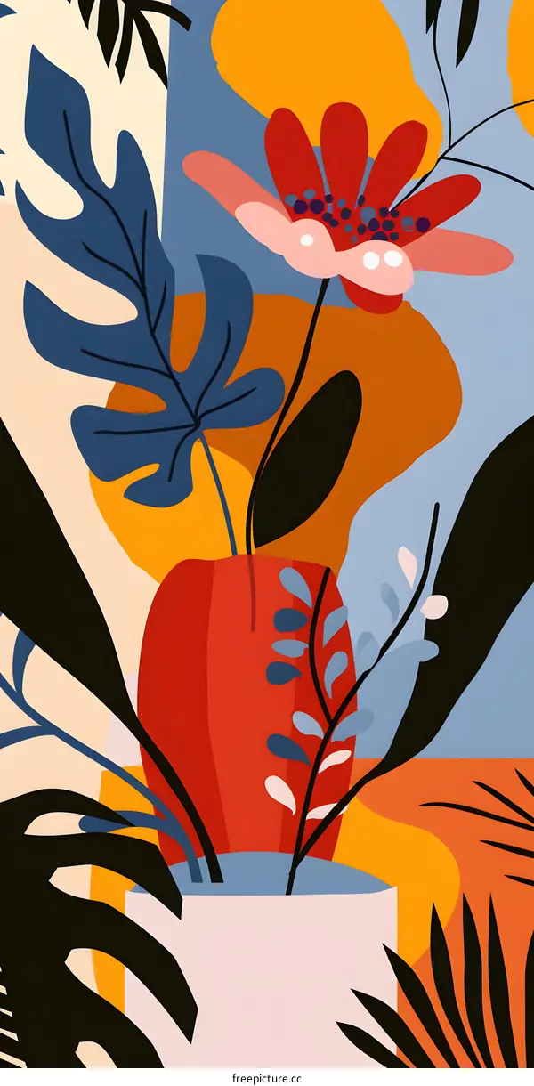 Abstract Tropical Floral Illustration with Bold Colors