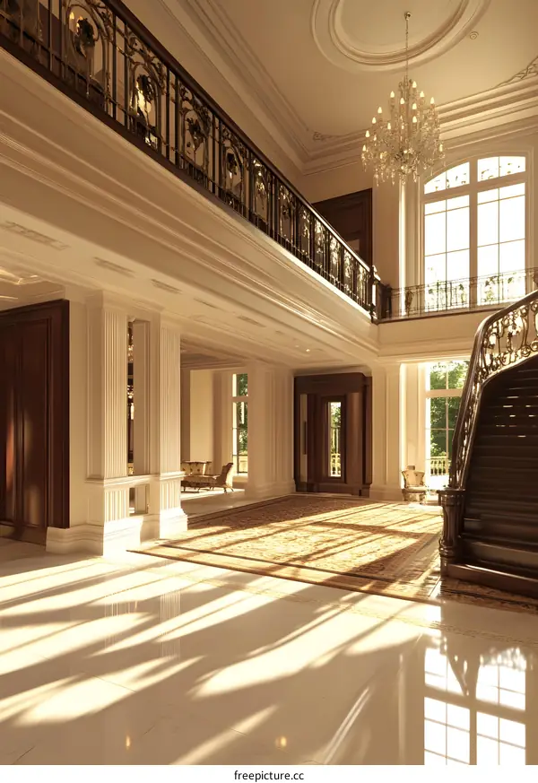 Elegant Interior Design with Grand Staircase and Large Windows