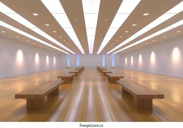 Empty White Room with Wooden Benches