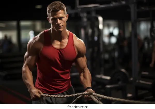 muscular man in red tank top pulling ropes in gym