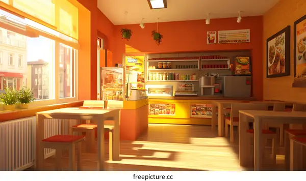 Orange and Yellow Interior Design of a Cafe with Wooden Tables and Chairs