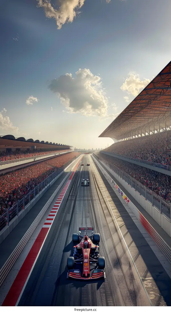 Formula One race cars speeding around a track