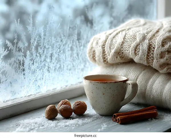 Cozy Winter Window with Tea and Sweaters