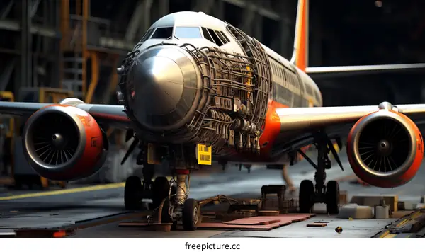 The exposed interior of a passenger plane under maintenance in a hangar