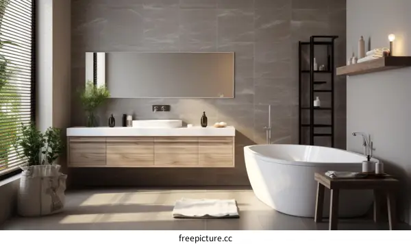 Bathroom Interior with Natural Elements and Wood Stone Plants